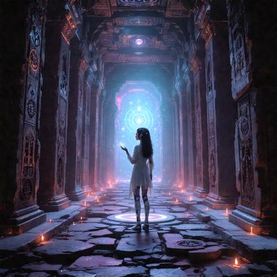 The primary subject of the image is a woman standing in a large, dark room with a stone floor. She is wearing a white dress and appears to be looking up at the ceiling. The setting is a stone building with a stone floor, and the visual style is a digital art or illustration. The colors in the image are predominantly dark, creating a moody atmosphere.